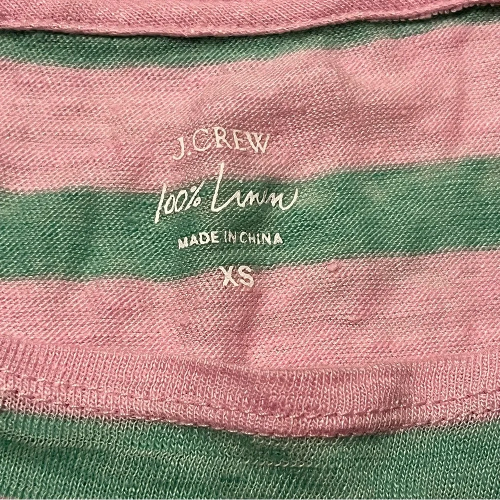 J. Crew Pink Green‎ Stripe 100% Linen Cap Sleeve Pocket Shirt Top Size XS *FLAW*